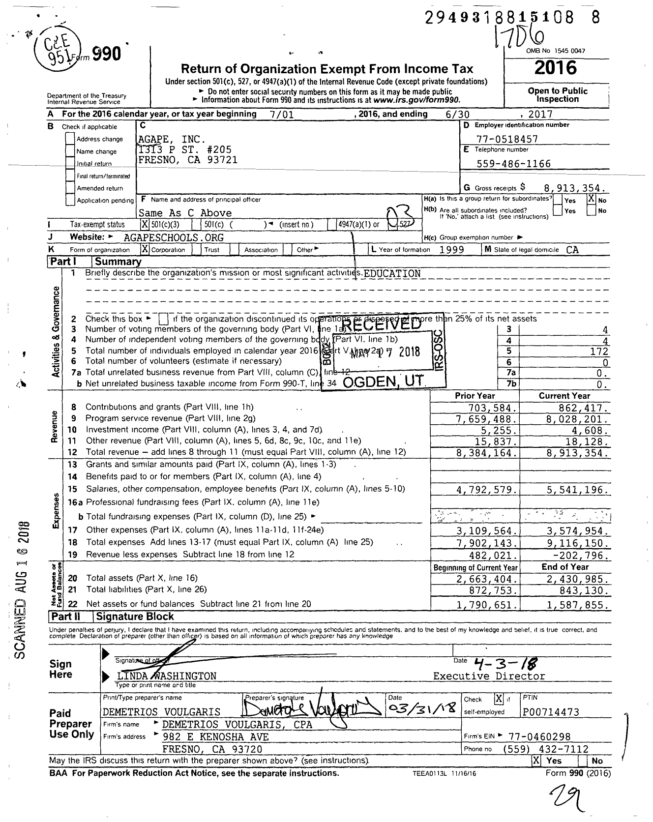 Image of first page of 2016 Form 990 for Agape Schools