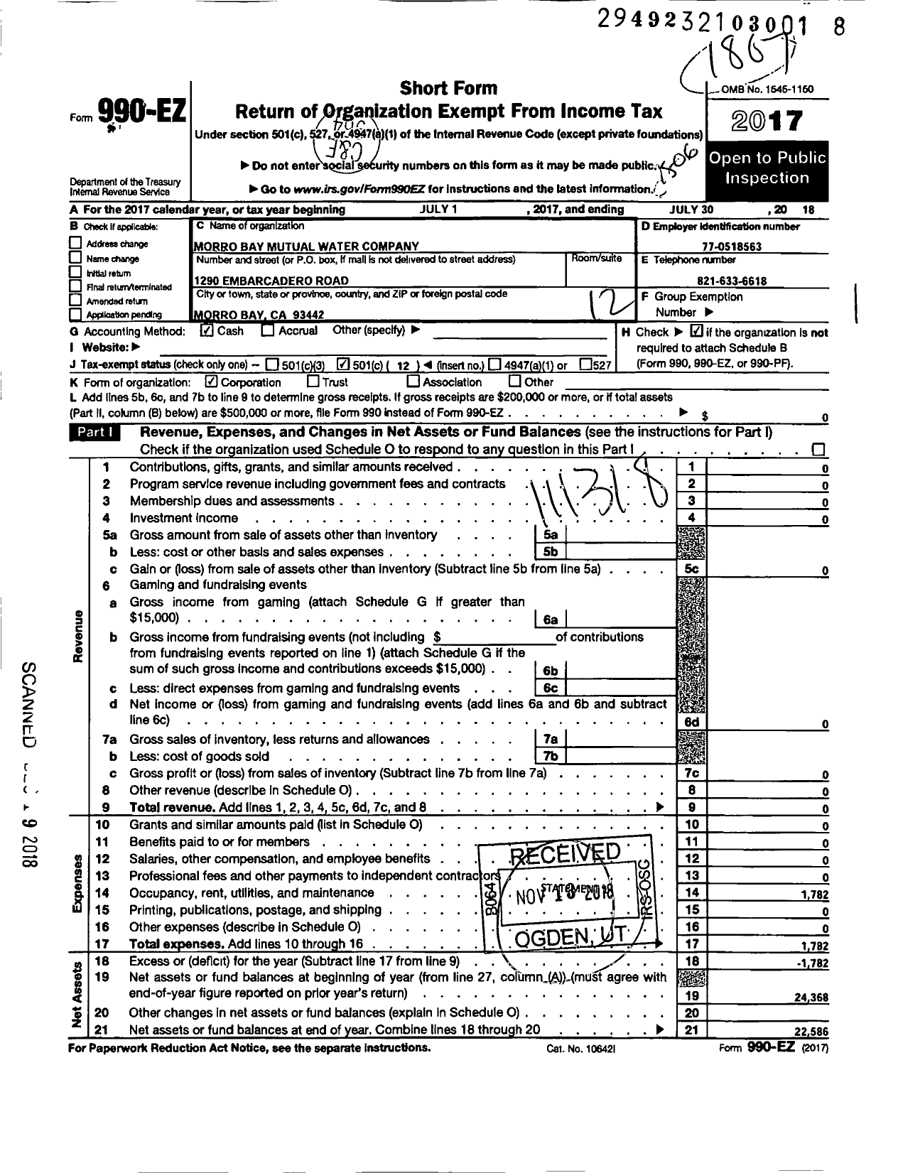 Image of first page of 2017 Form 990EO for Morro Bay Mutual Water Company