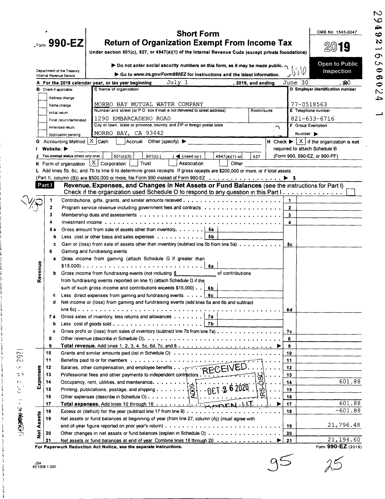 Image of first page of 2019 Form 990EO for Morro Bay Mutual Water Company