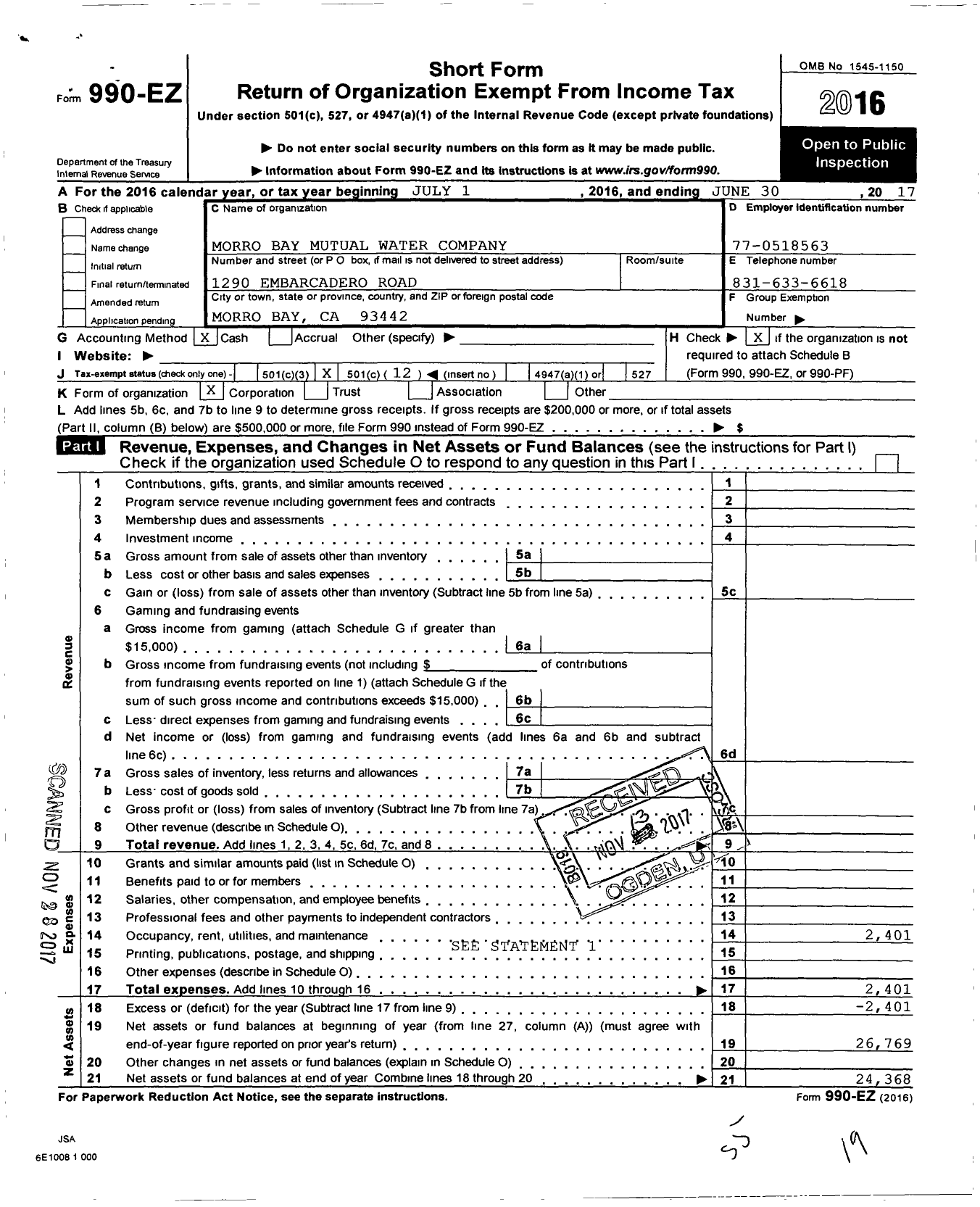 Image of first page of 2016 Form 990EO for Morro Bay Mutual Water Company