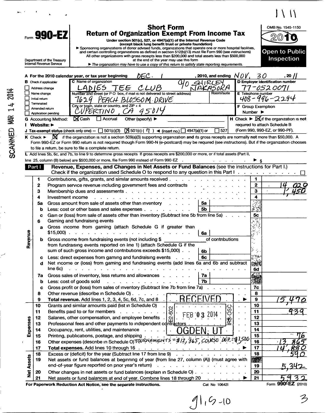 Image of first page of 2010 Form 990EO for Ladies Tee Golf Club