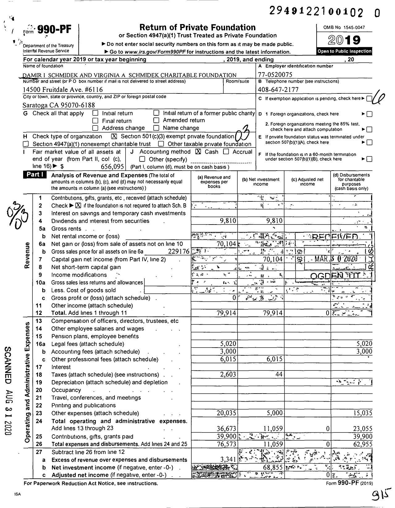 Image of first page of 2019 Form 990PR for Damir I and Virginia A Schmidek Charitable Foundation