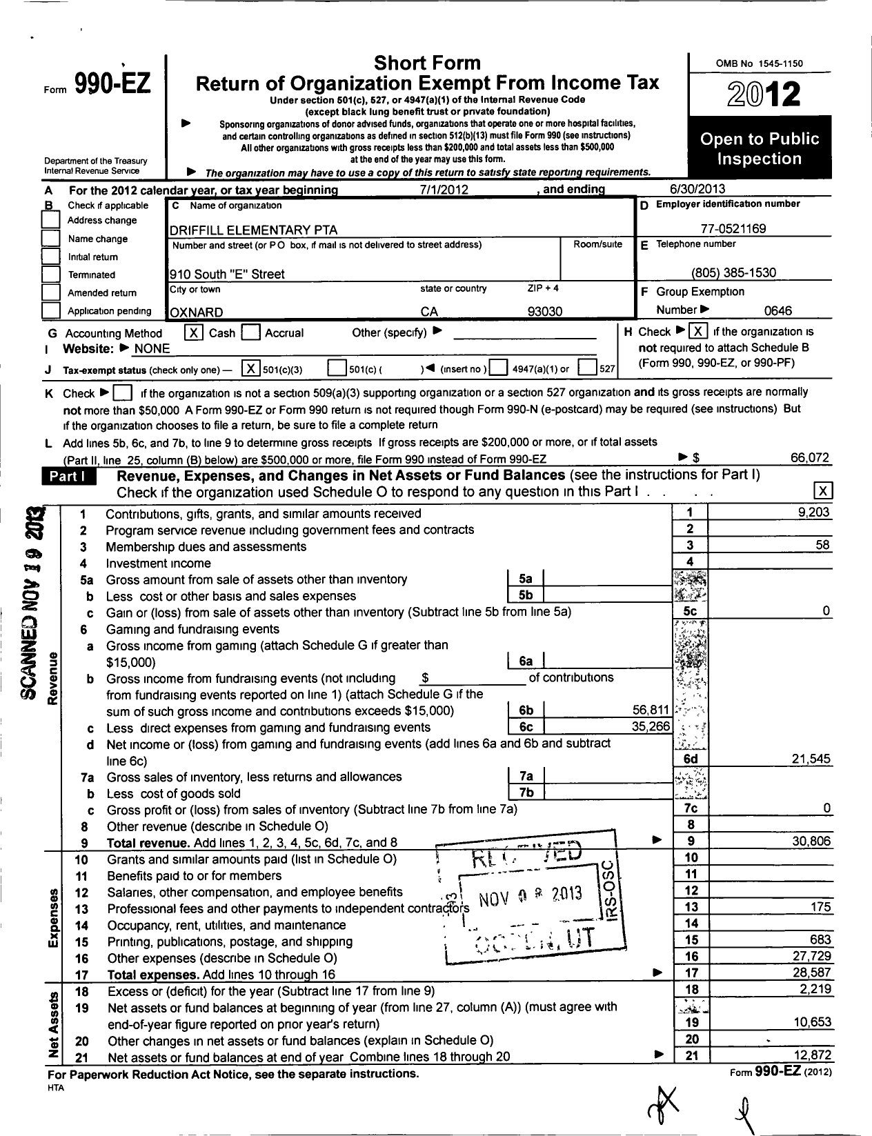 Image of first page of 2012 Form 990EZ for California State PTA - Driffill PTA