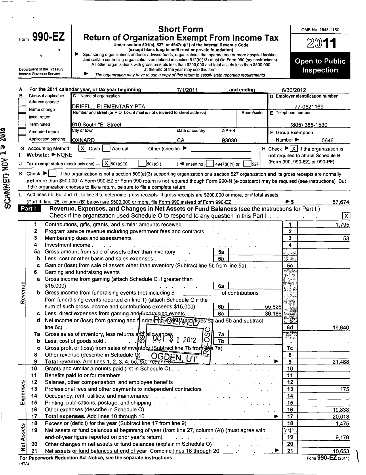 Image of first page of 2011 Form 990EZ for California State PTA - Driffill PTA