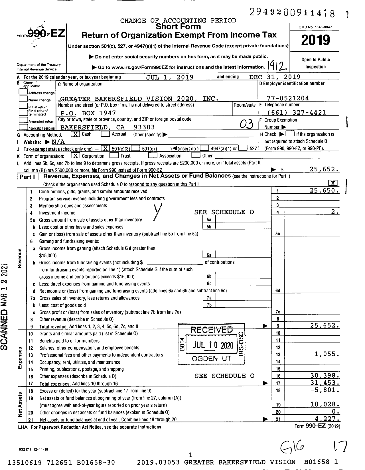 Image of first page of 2019 Form 990EZ for Greater Bakersfield Vision 2020