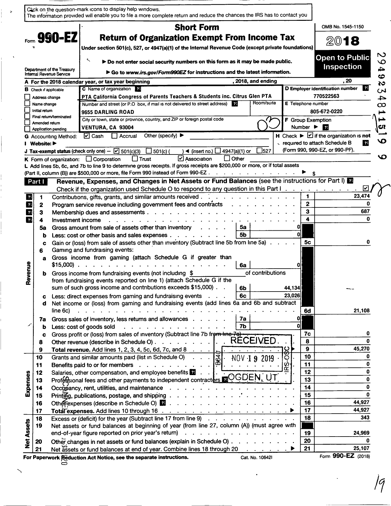 Image of first page of 2018 Form 990EZ for California State PTA - Citrus