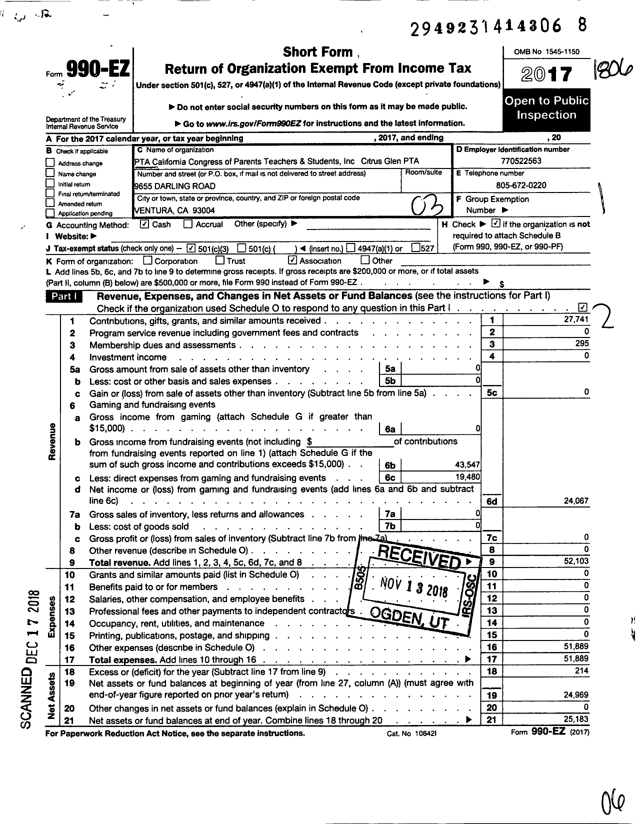 Image of first page of 2017 Form 990EZ for California State PTA - Citrus