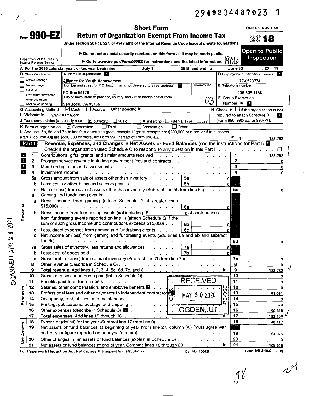 Image of first page of 2018 Form 990EZ for Alliance for Youth Achievement