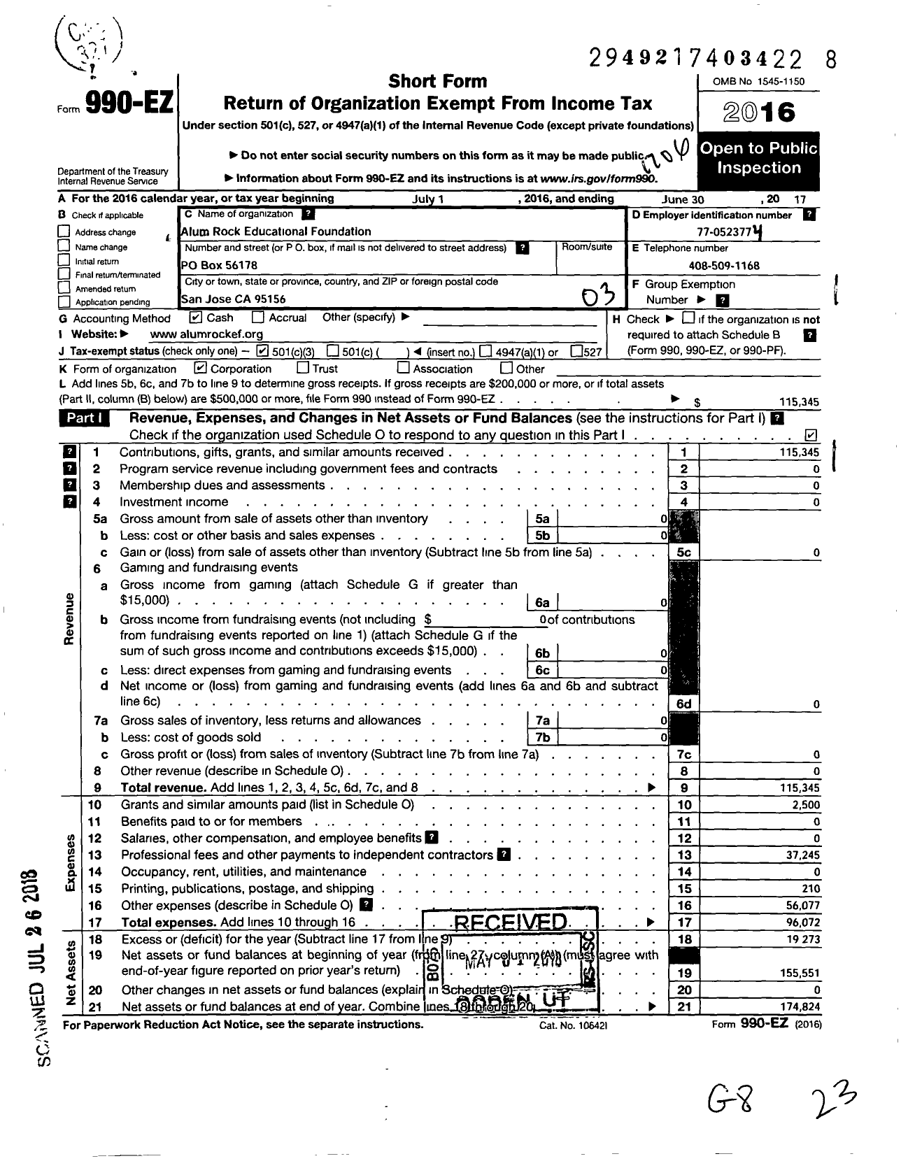 Image of first page of 2016 Form 990EZ for Alliance for Youth Achievement