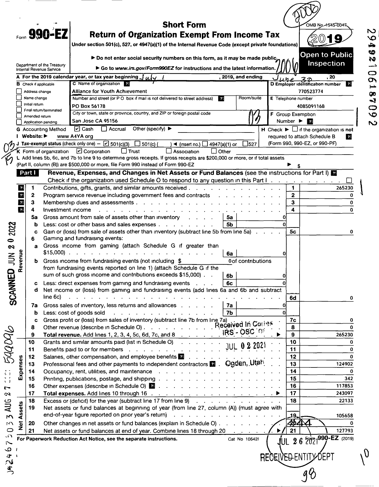 Image of first page of 2019 Form 990EZ for Alliance for Youth Achievement