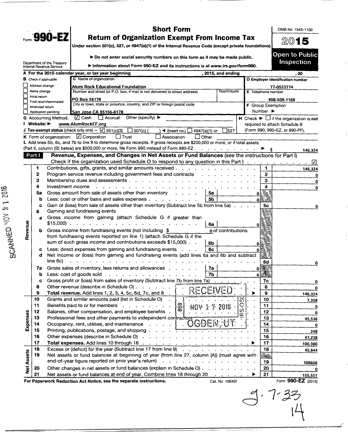 Image of first page of 2015 Form 990EZ for Alliance for Youth Achievement