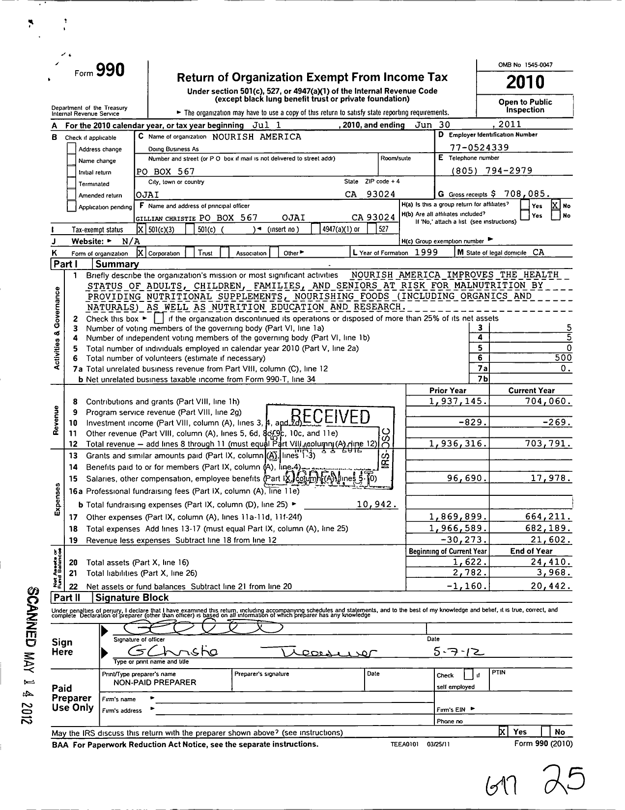 Image of first page of 2010 Form 990 for Nourish America