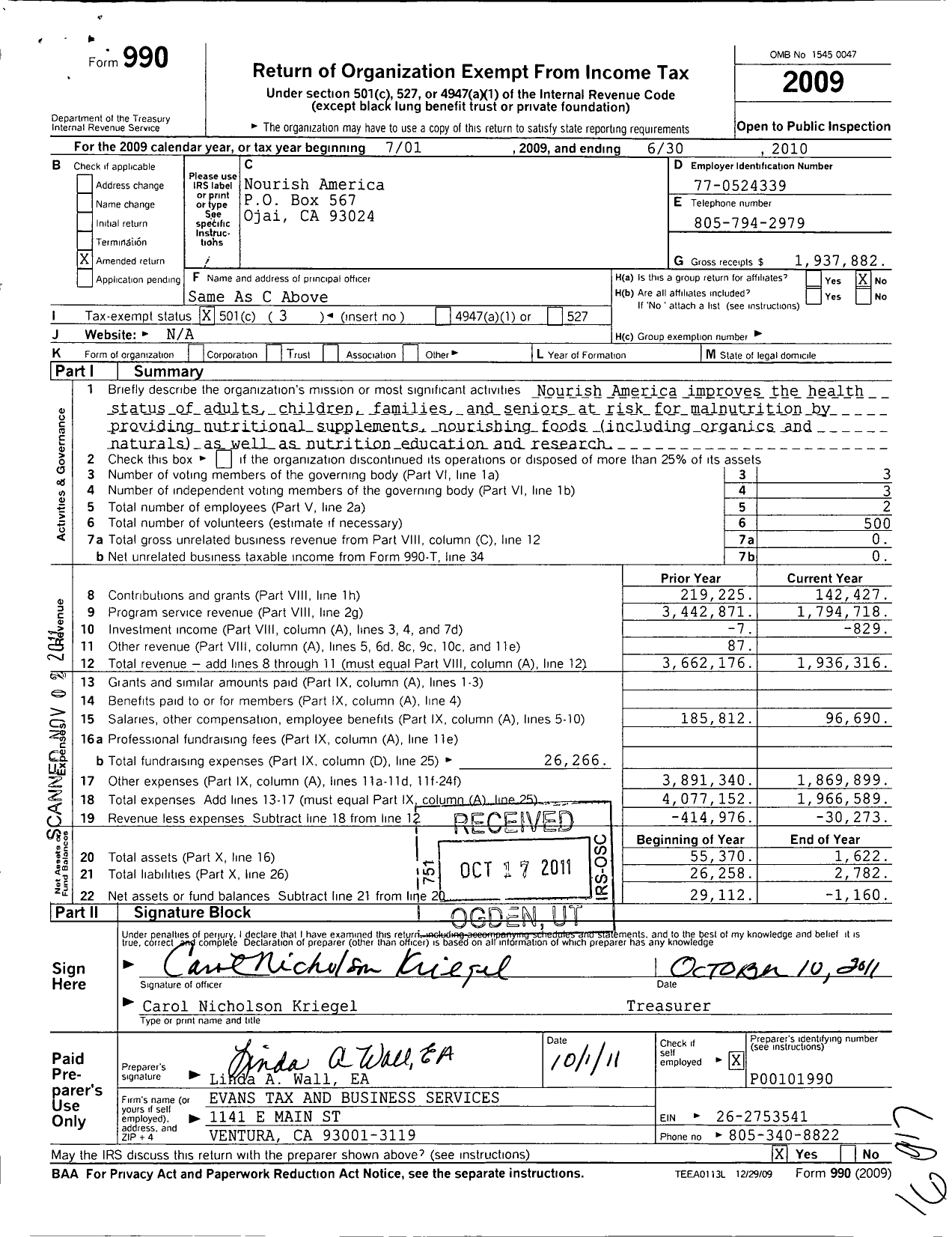 Image of first page of 2009 Form 990 for Nourish America