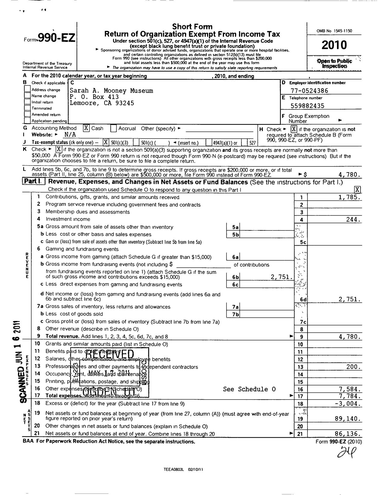 Image of first page of 2010 Form 990EZ for Sarah A Mooney Memorial Museum