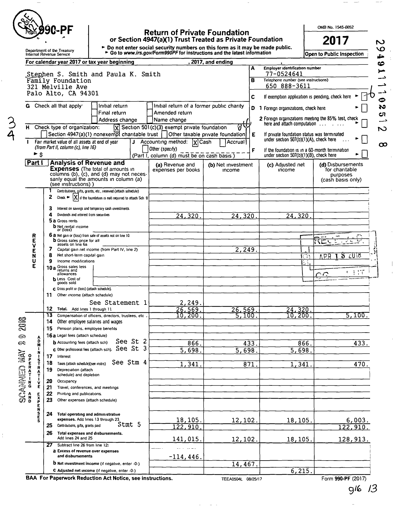 Image of first page of 2017 Form 990PF for Stephen S Smith and Paula K Smith Family Foundation