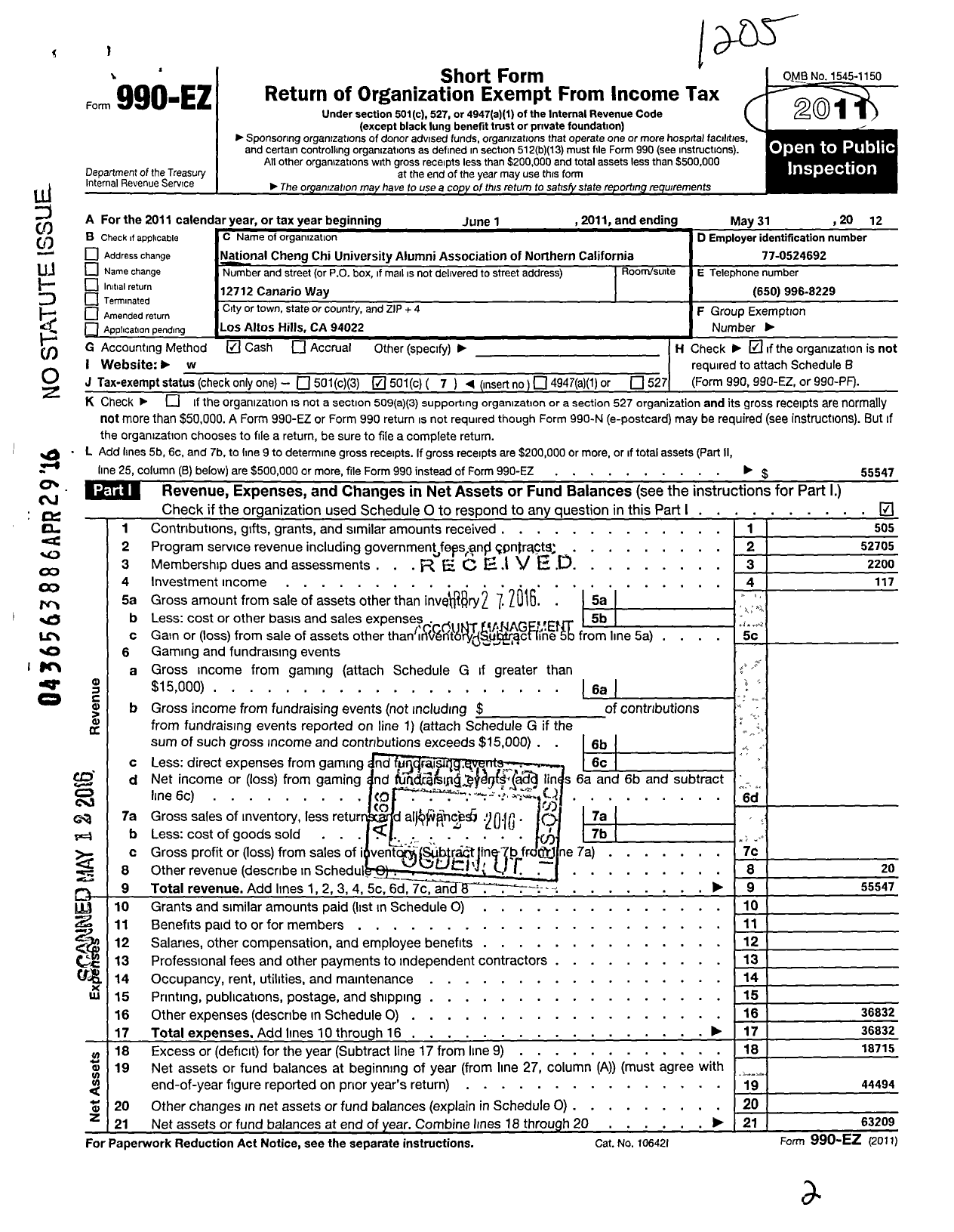 Image of first page of 2011 Form 990EO for National Cheng Chi University Alumni Associates