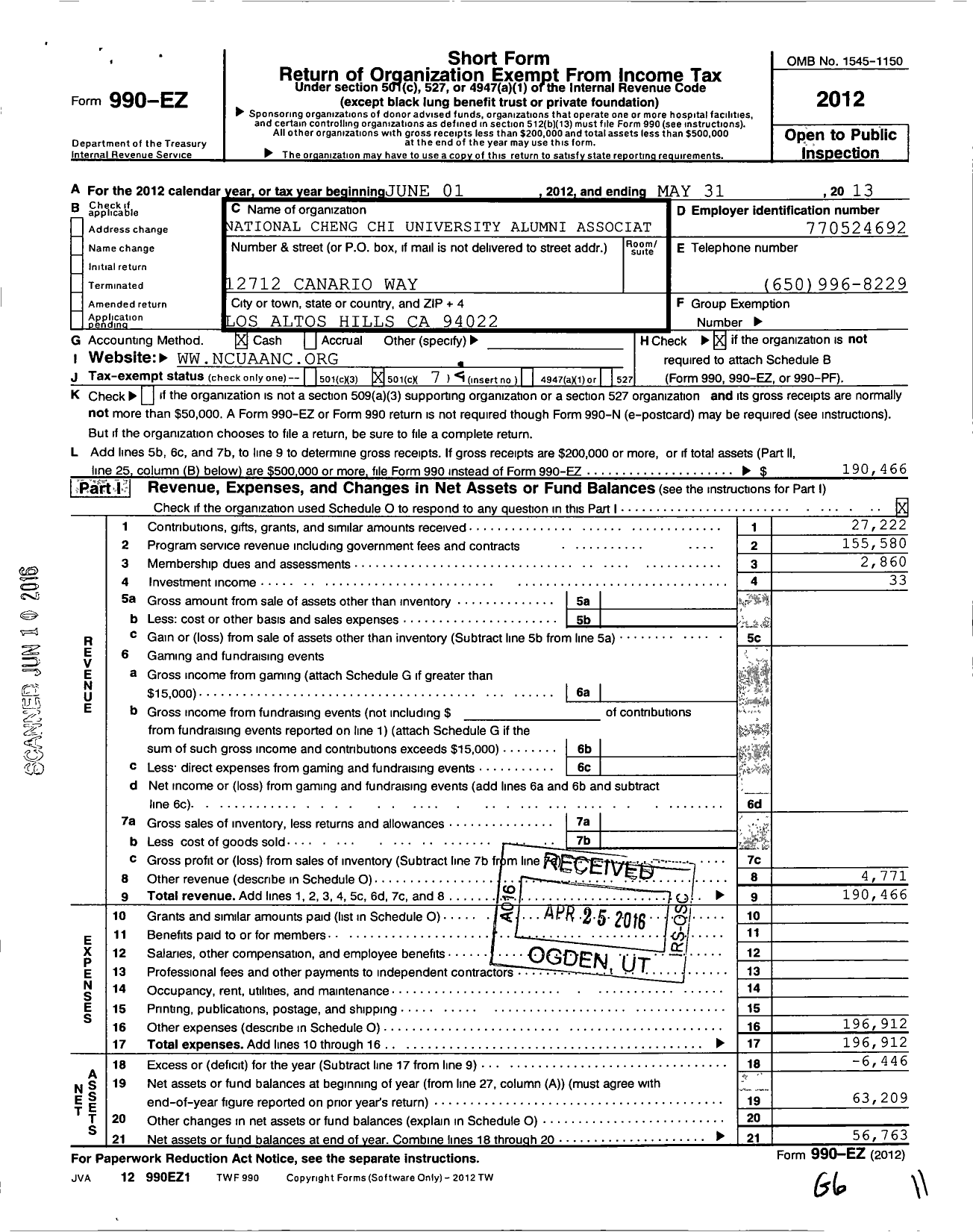Image of first page of 2012 Form 990EO for National Cheng Chi University Alumni Associates