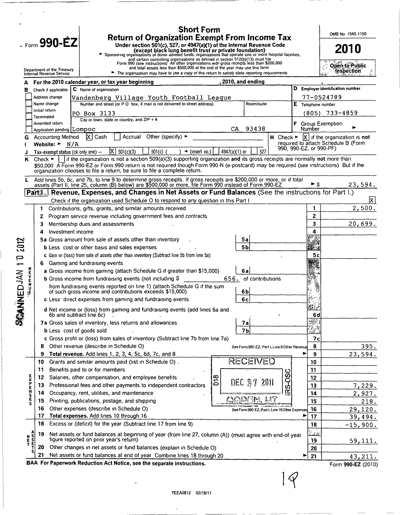 Image of first page of 2010 Form 990EZ for Vandenberg Village Youth Football Association