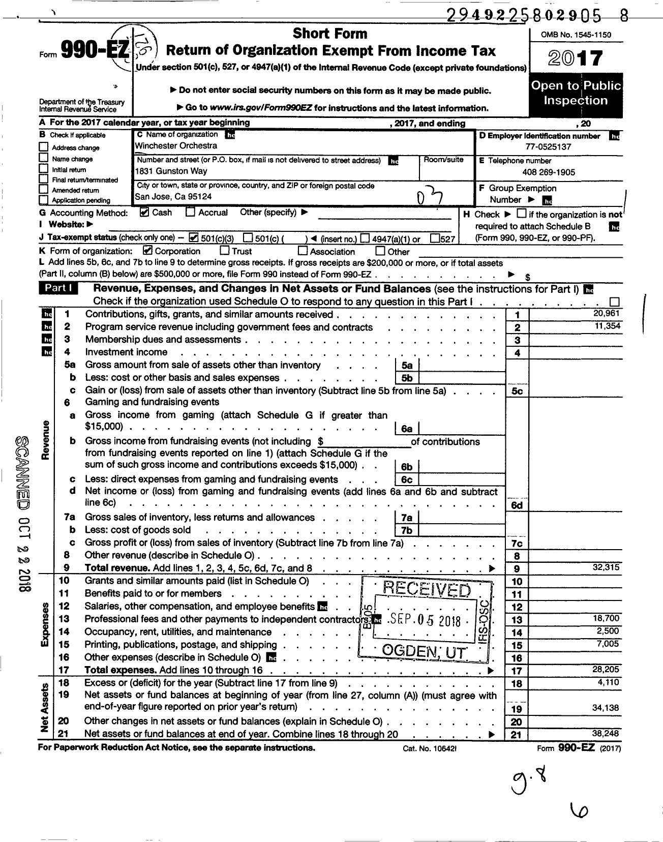 Image of first page of 2017 Form 990EZ for Winchester Orchestra of San Jose