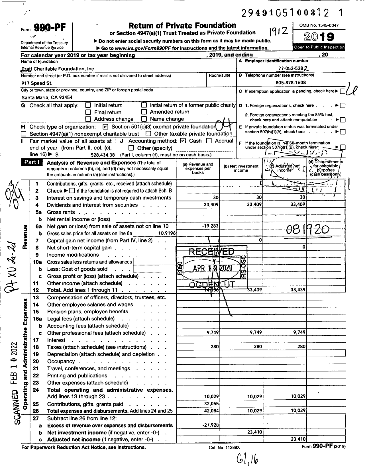 Image of first page of 2019 Form 990PF for Pratt Charitable Foundation