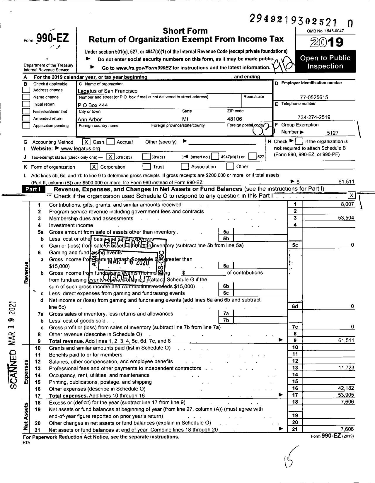 Image of first page of 2019 Form 990EZ for Legatus of San Francisco