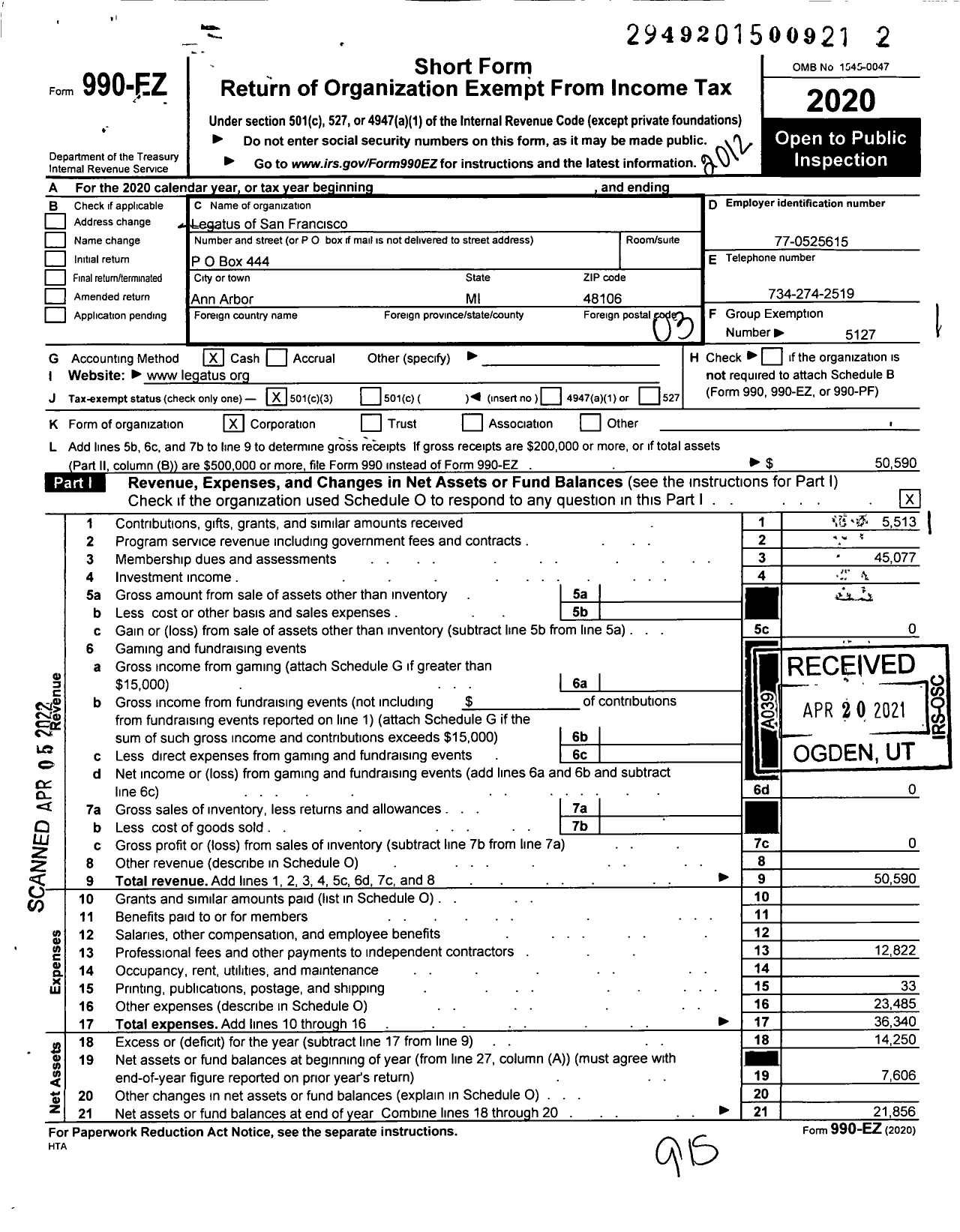 Image of first page of 2020 Form 990EZ for Legatus of San Francisco