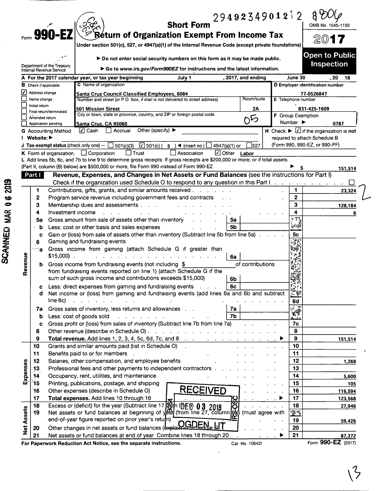 Image of first page of 2017 Form 990EO for AMERICAN FEDERATION of Teachers - 6084 Santa Cruz Council