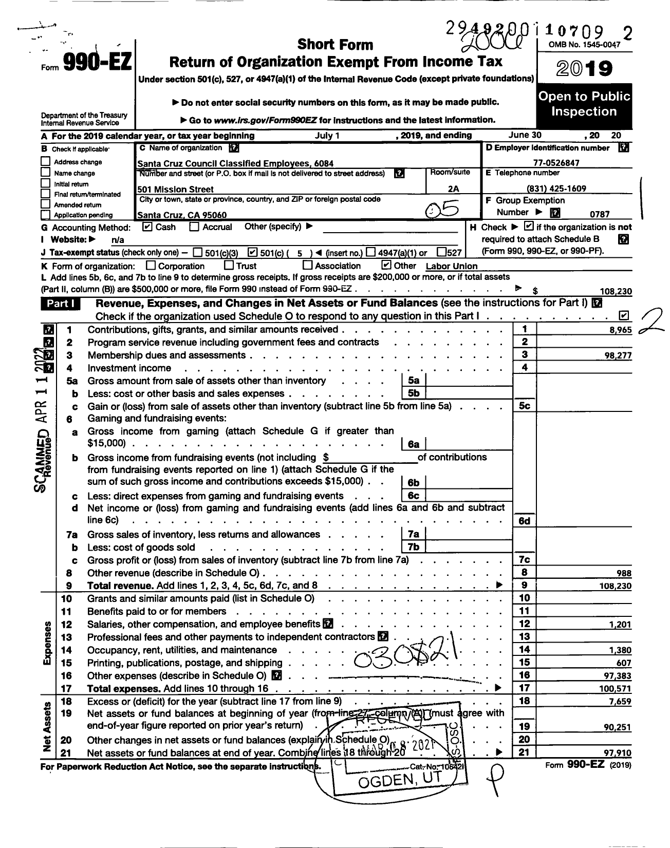 Image of first page of 2019 Form 990EO for AMERICAN FEDERATION of Teachers - 6084 Santa Cruz Council