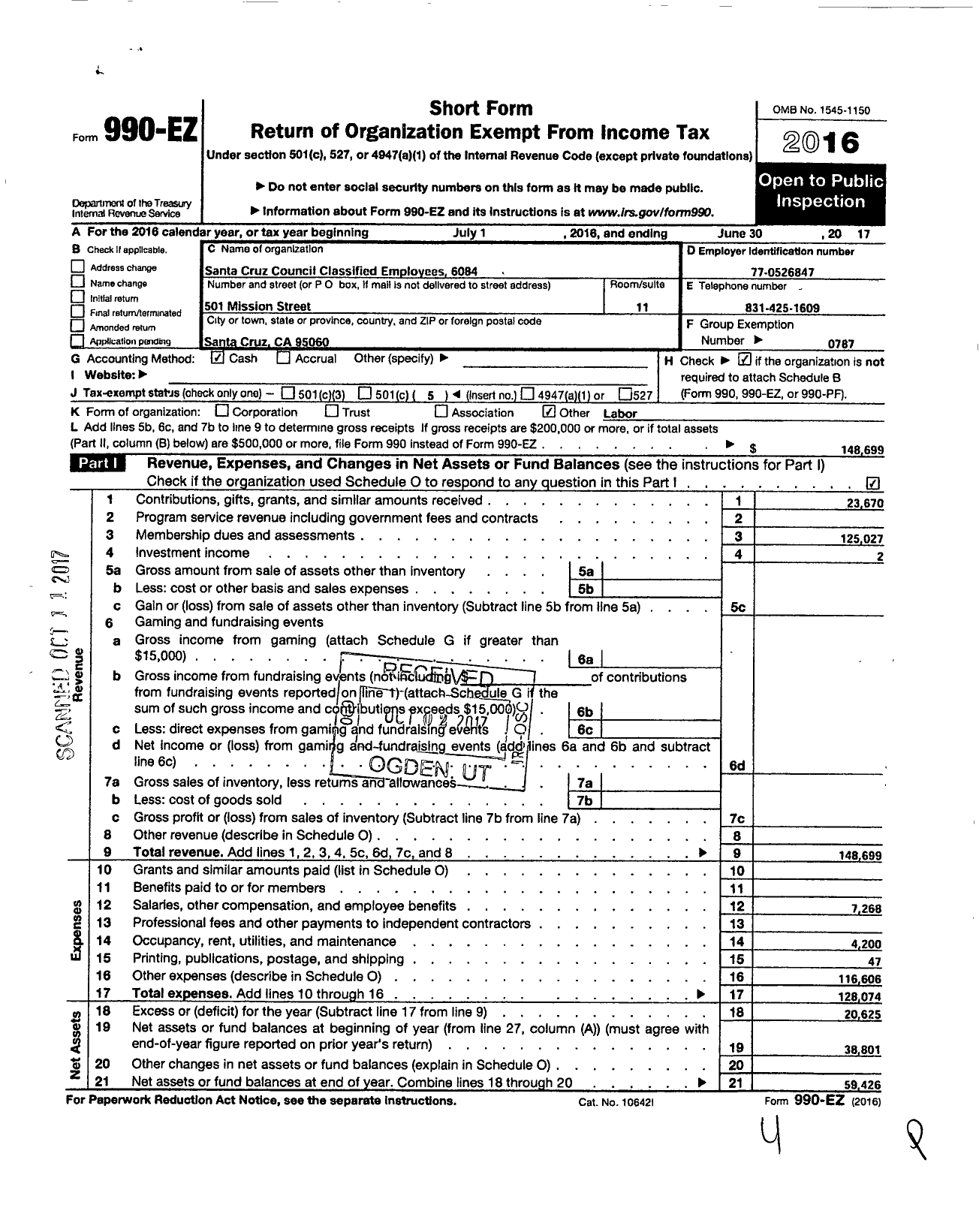 Image of first page of 2016 Form 990EO for AMERICAN FEDERATION of Teachers - 6084 Santa Cruz Council