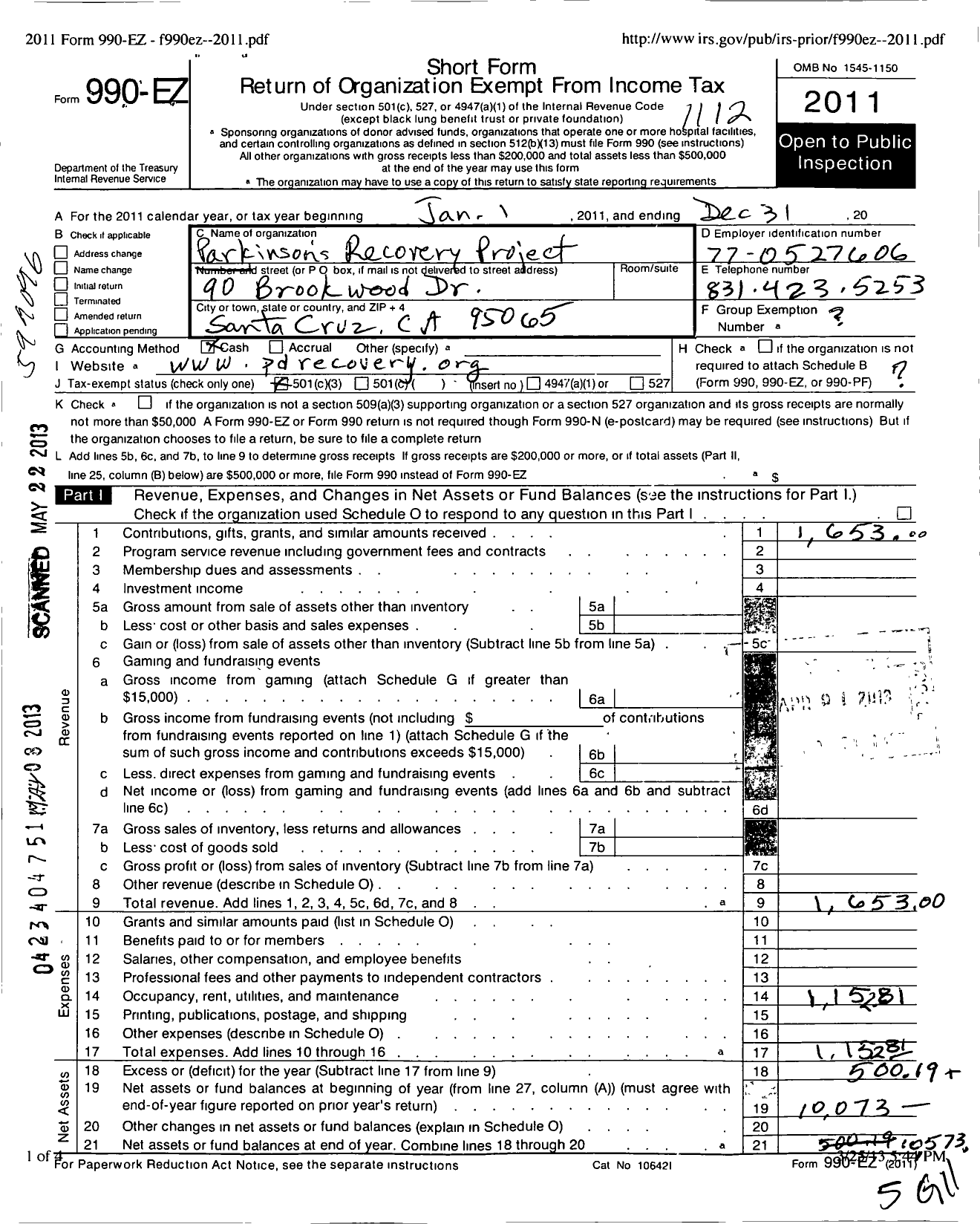 Image of first page of 2011 Form 990EZ for Parkinsons Recovery Project