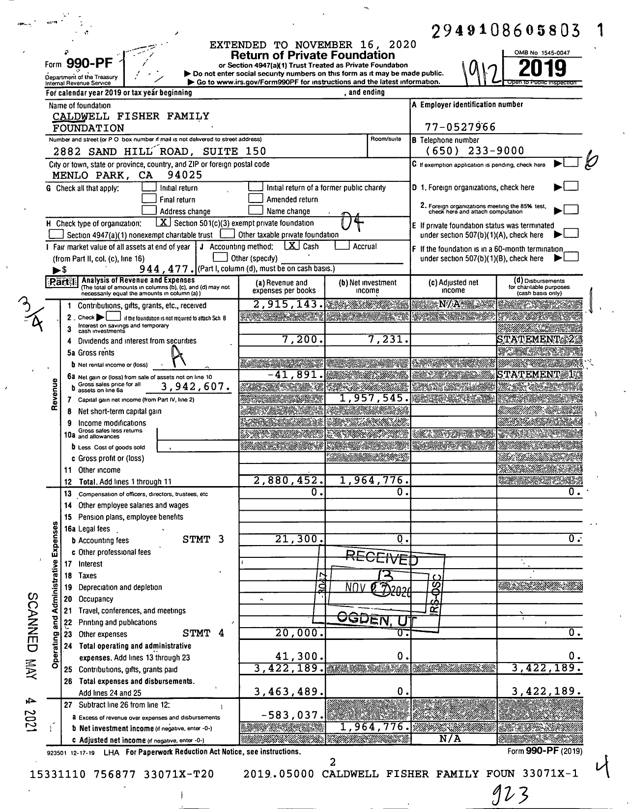 Image of first page of 2019 Form 990PF for Caldwell Fisher Family Foundation