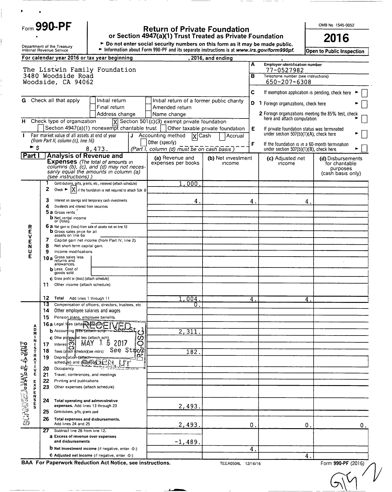 Image of first page of 2016 Form 990PF for The Listwin Foundation