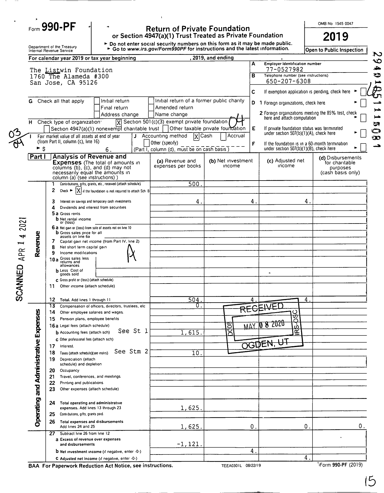 Image of first page of 2019 Form 990PF for The Listwin Foundation