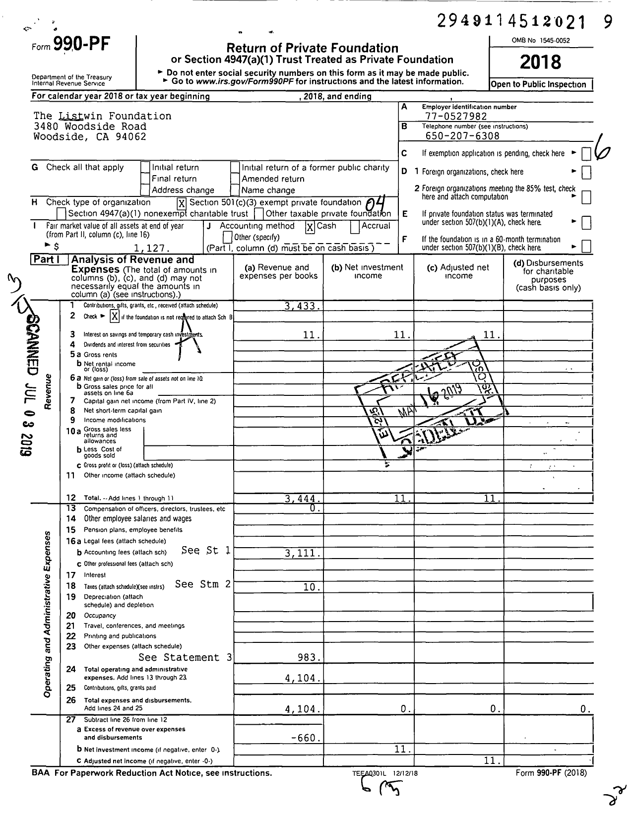 Image of first page of 2018 Form 990PF for The Listwin Foundation