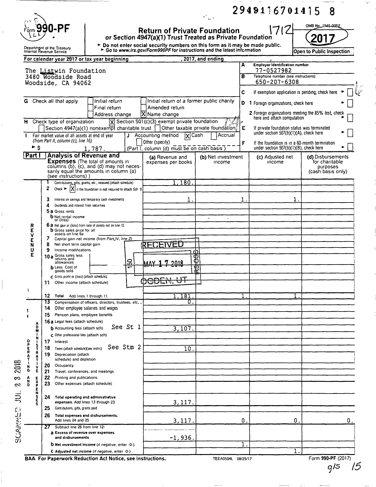Image of first page of 2017 Form 990PF for The Listwin Foundation