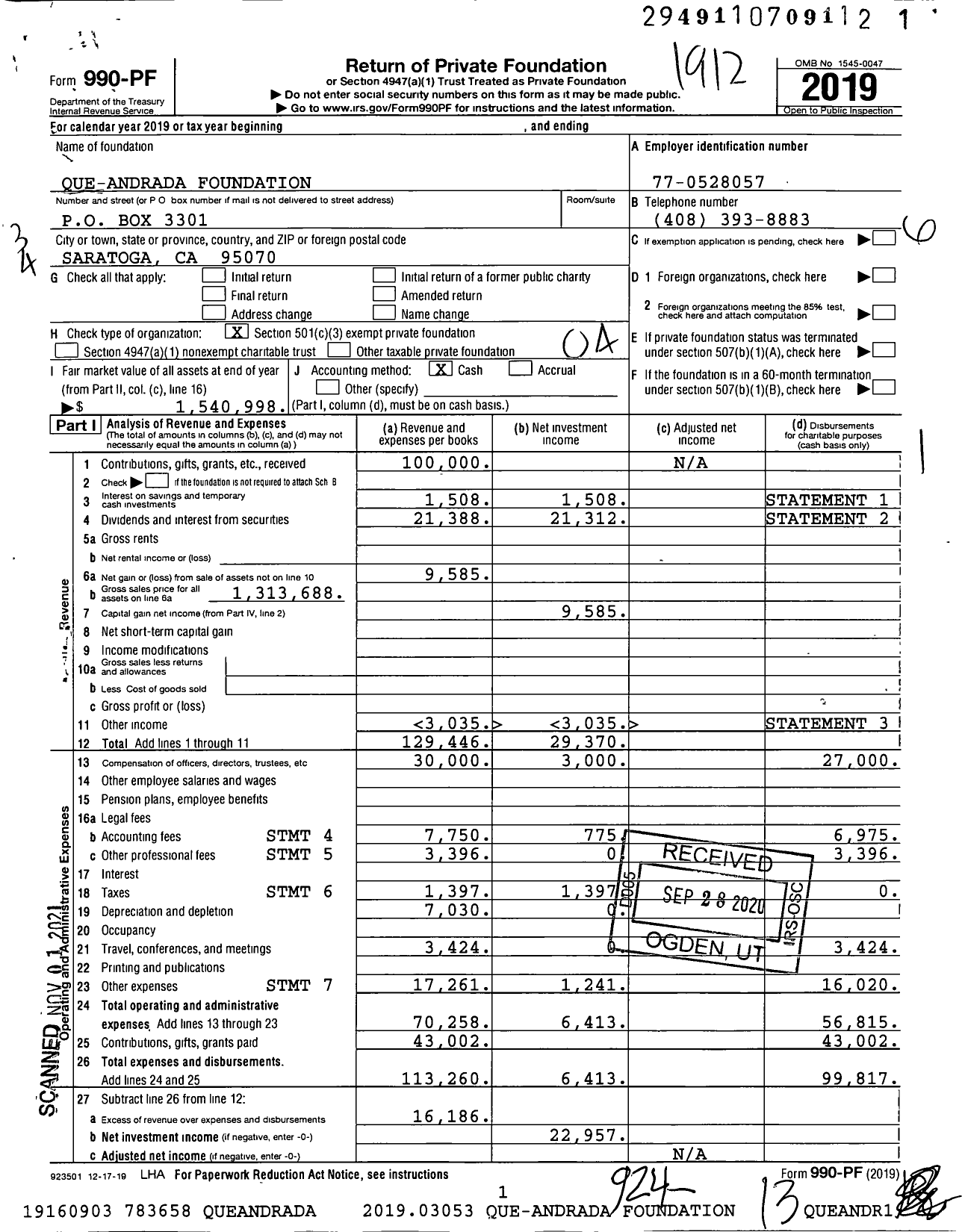 Image of first page of 2019 Form 990PF for Que-Andrada Foundation