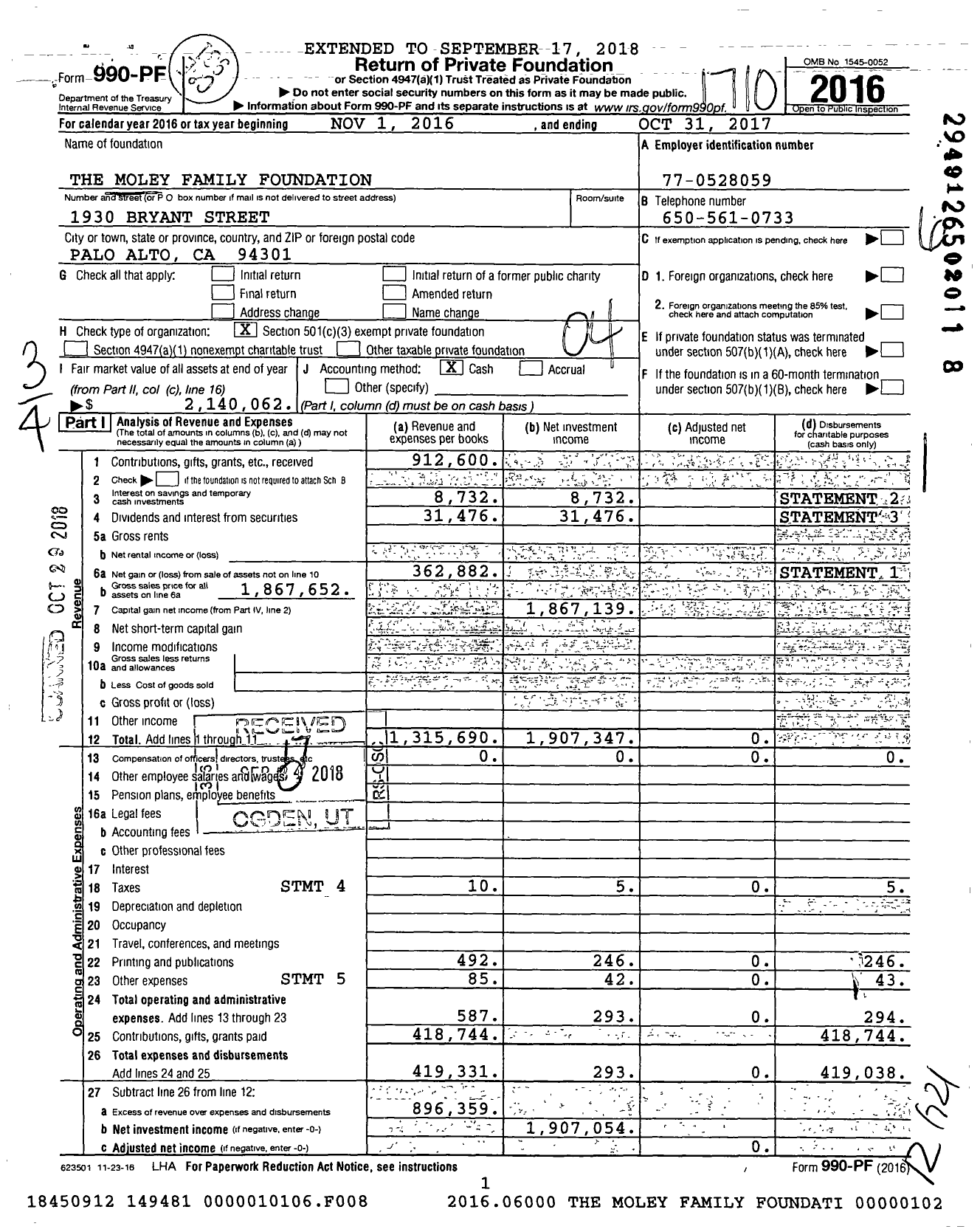 Image of first page of 2016 Form 990PF for The Moley Family Foundation