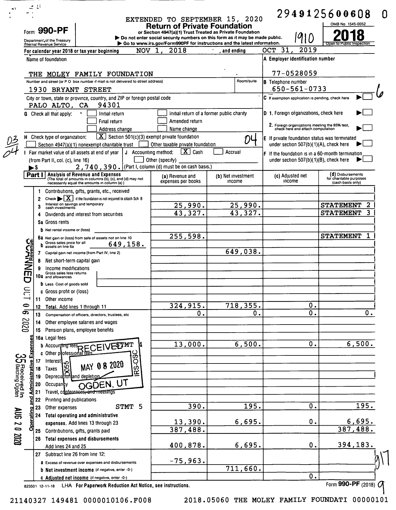 Image of first page of 2018 Form 990PR for The Moley Family Foundation