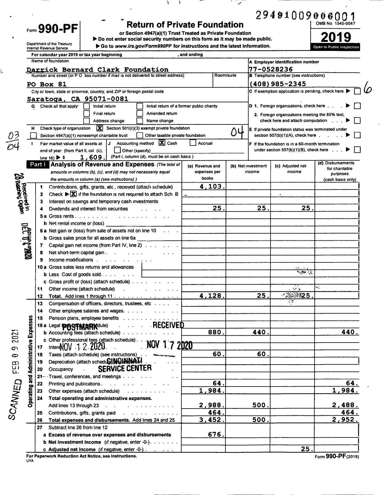 Image of first page of 2019 Form 990PF for Darrick Bernard Clark Foundation