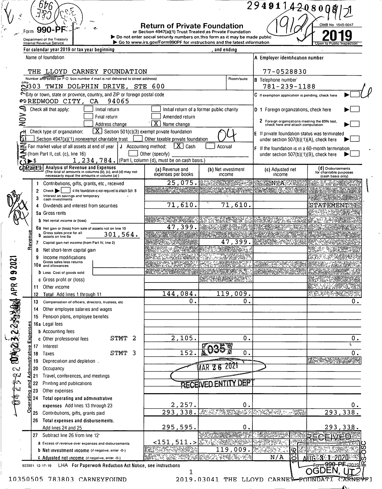 Image of first page of 2019 Form 990PF for The Lloyd Carney Foundation