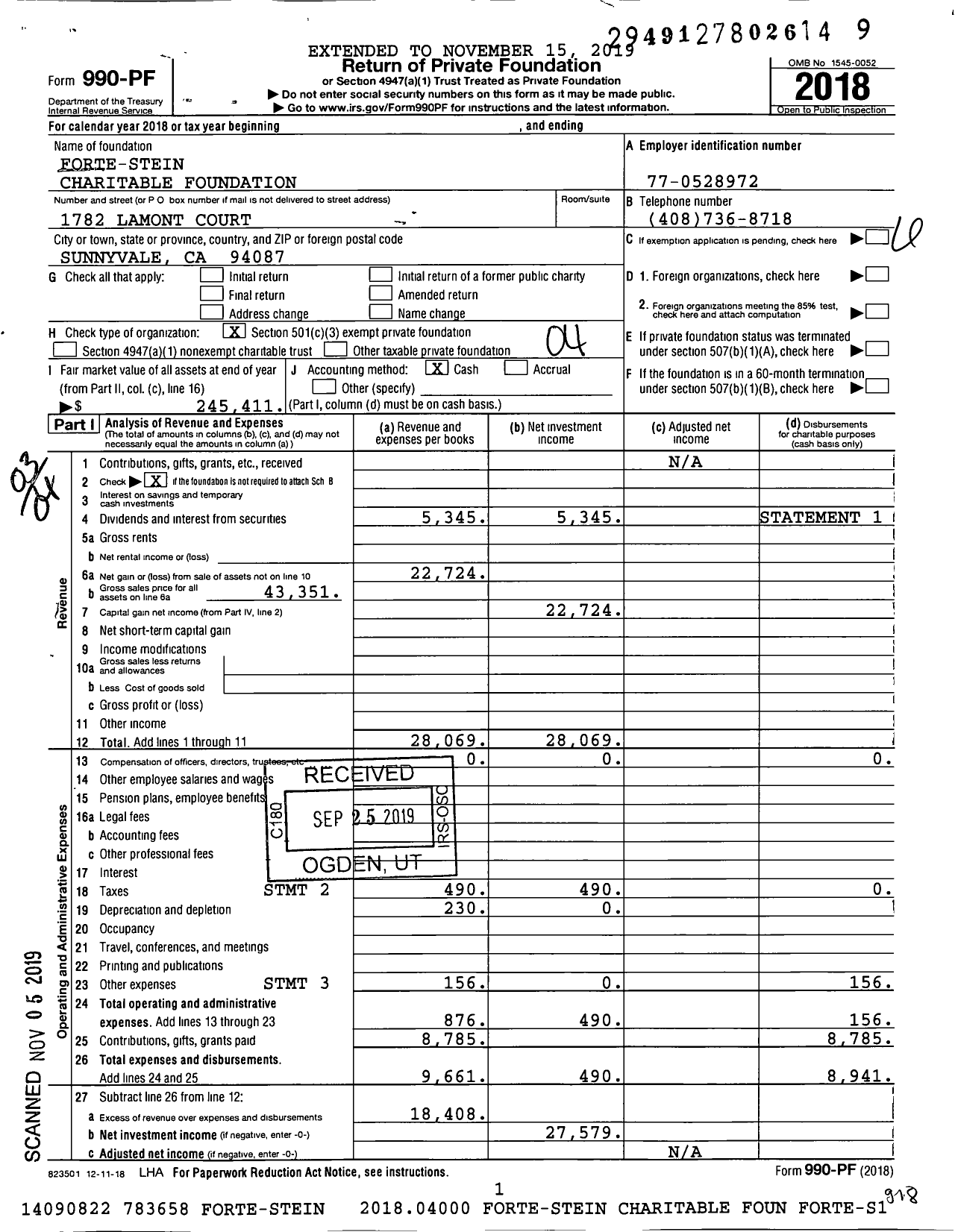 Image of first page of 2018 Form 990PF for Forte-Stein Charitable Foundation