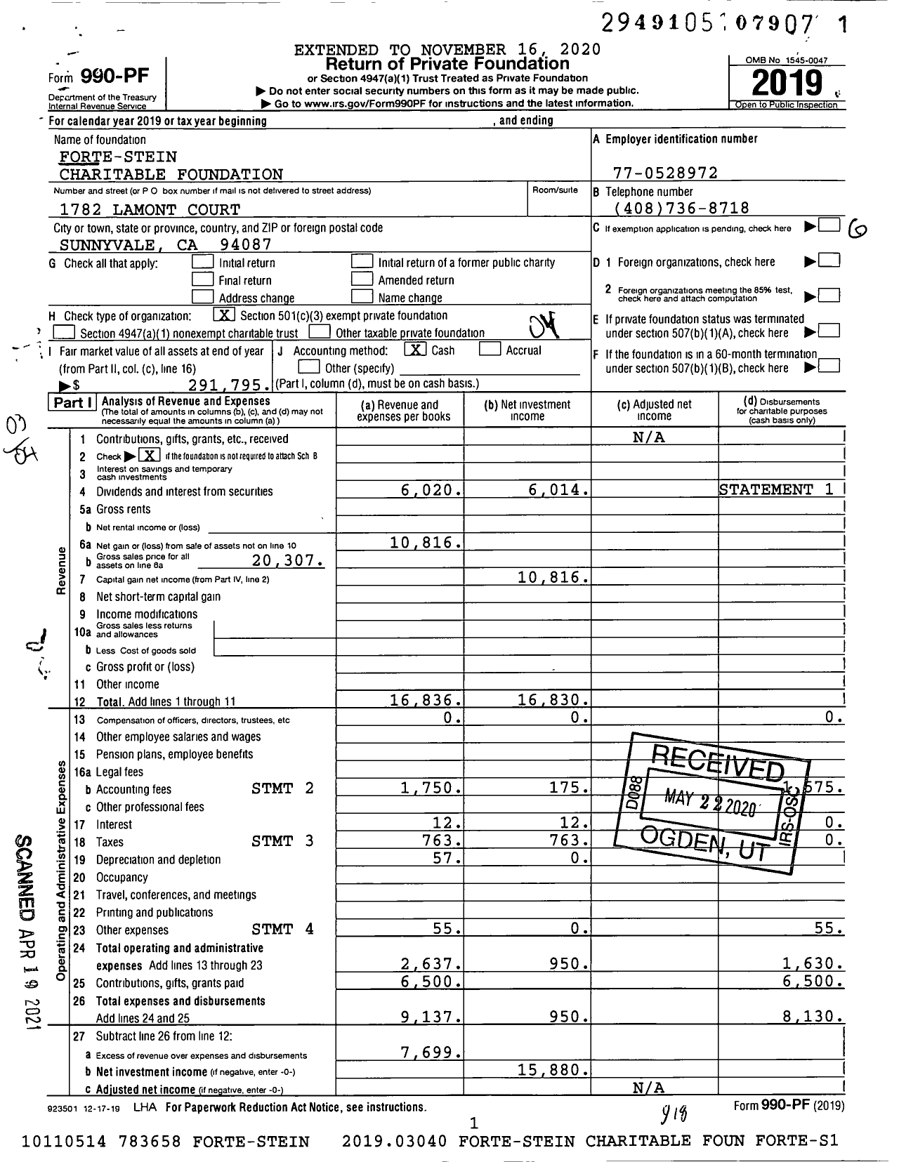 Image of first page of 2019 Form 990PF for Forte-Stein Charitable Foundation