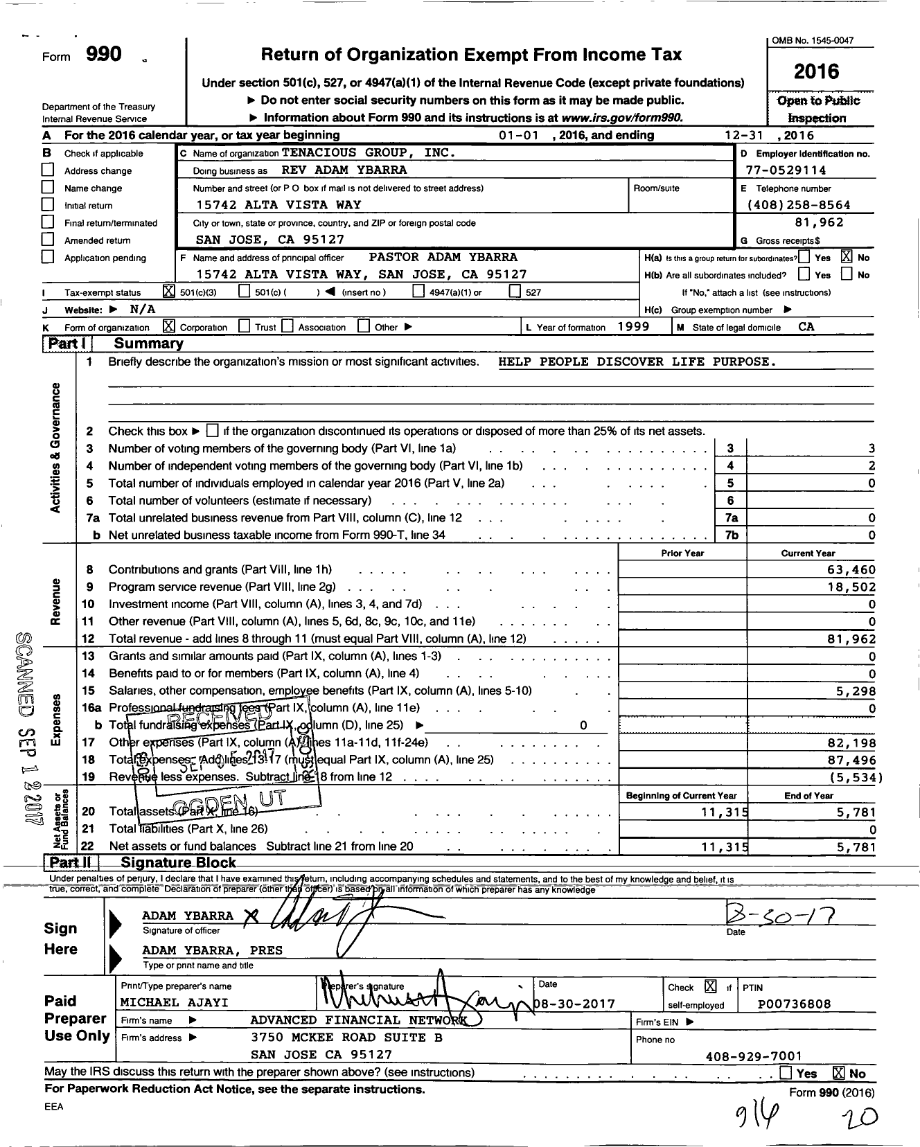 Image of first page of 2016 Form 990 for The Tenacious Group