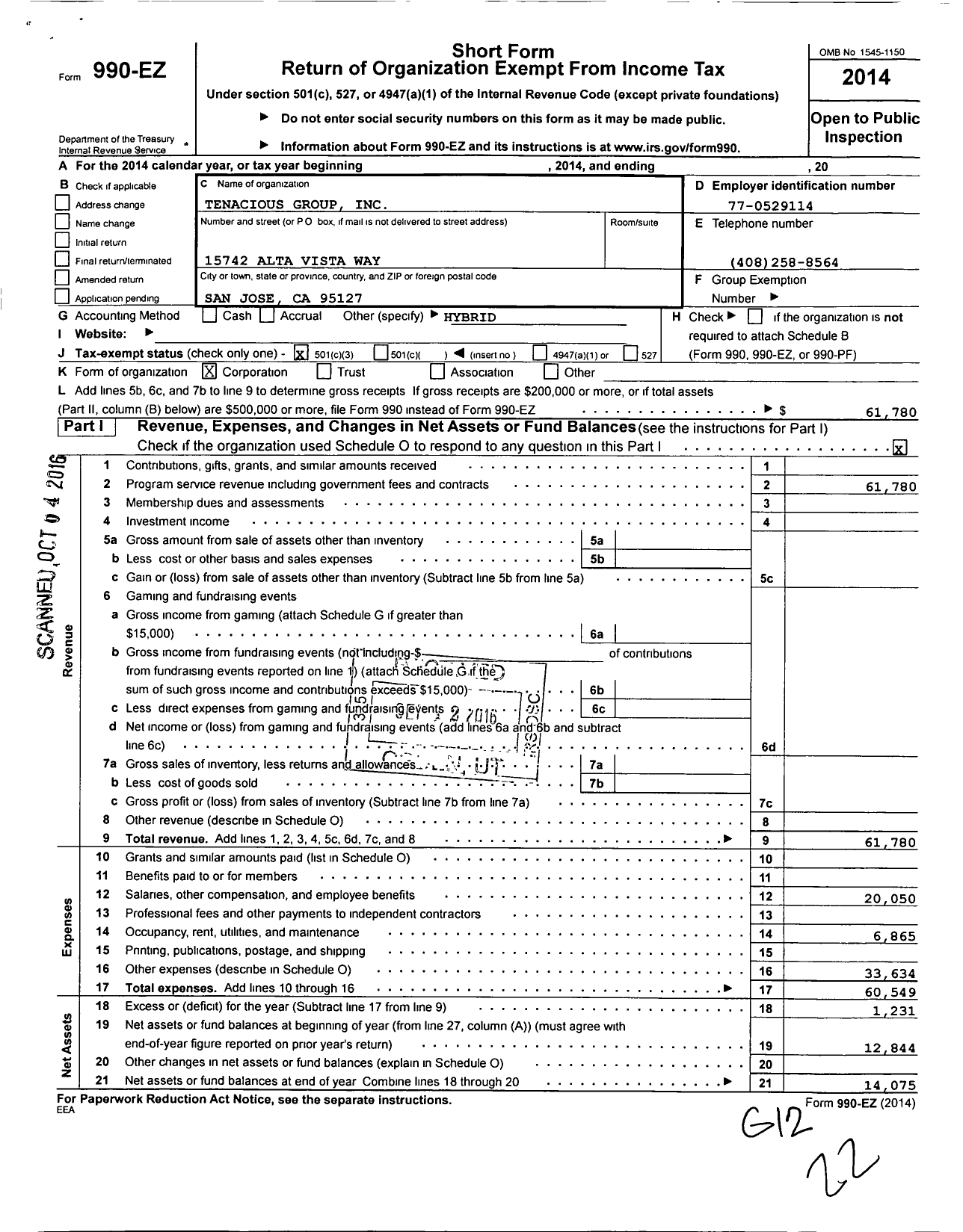 Image of first page of 2014 Form 990EZ for The Tenacious Group