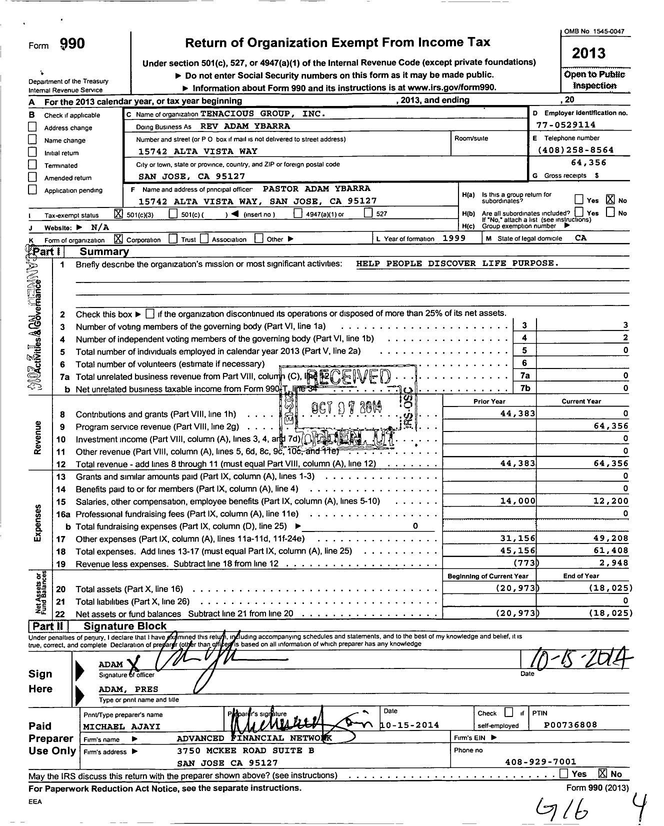 Image of first page of 2013 Form 990 for The Tenacious Group