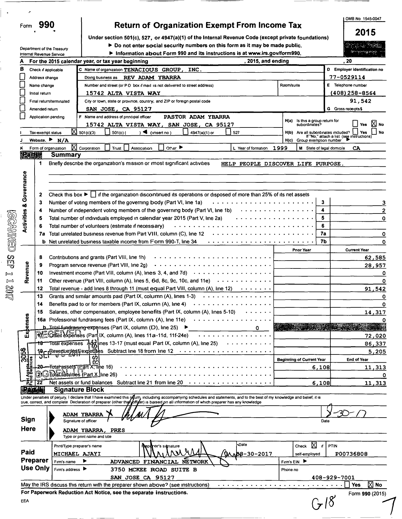 Image of first page of 2015 Form 990 for The Tenacious Group