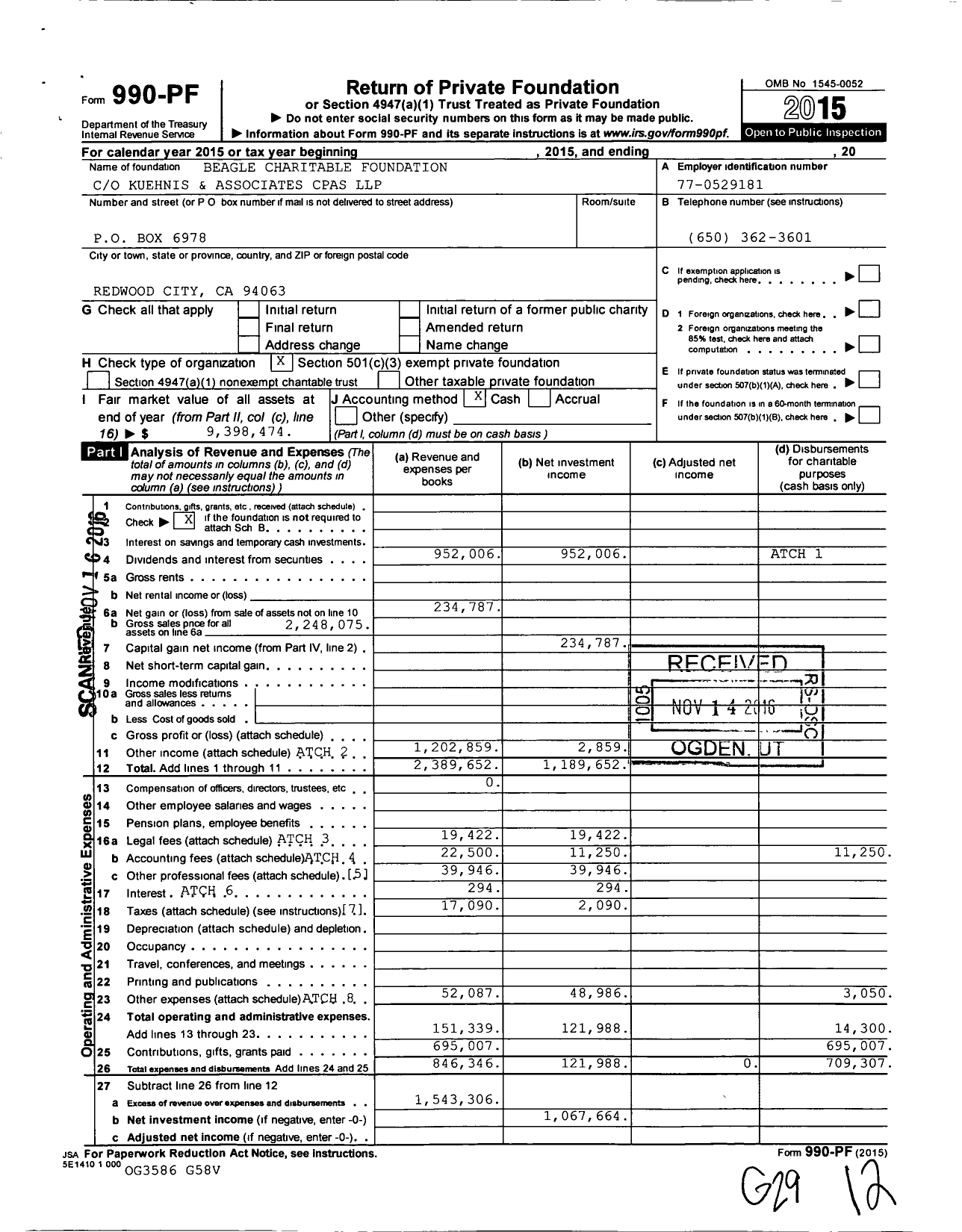 Image of first page of 2015 Form 990PF for Beagle Charitable Foundation