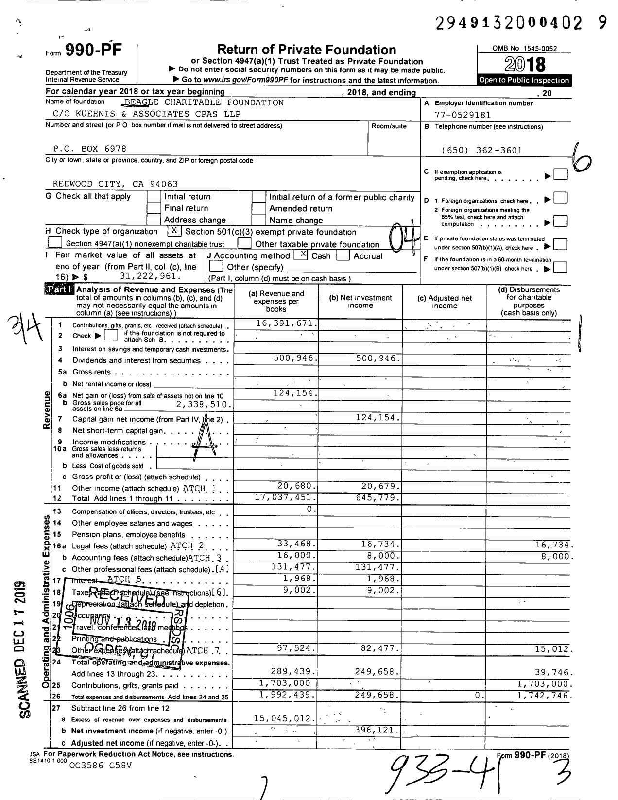 Image of first page of 2018 Form 990PF for Beagle Charitable Foundation