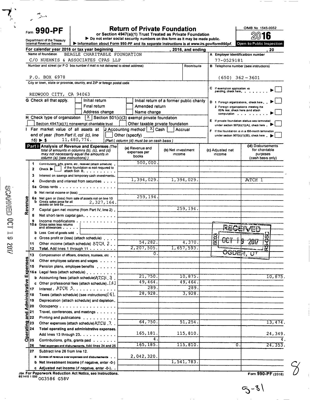 Image of first page of 2016 Form 990PF for Beagle Charitable Foundation