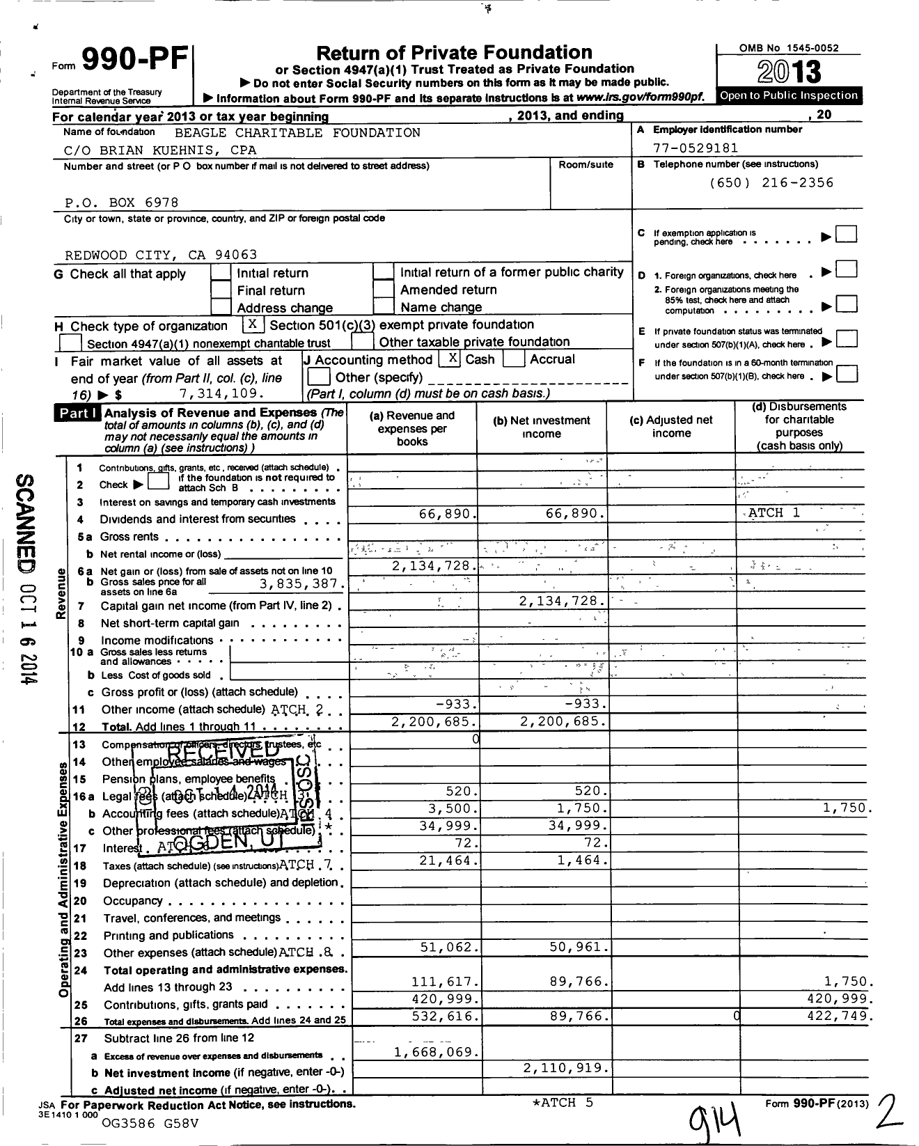 Image of first page of 2013 Form 990PF for Beagle Charitable Foundation